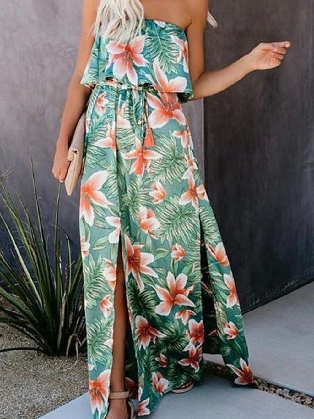 Tropical Green & Coral Palm Leaf Strapless Maxi Dress Size Large AaKaa